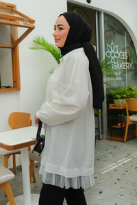 Tül Detay Çift Cepli Gömlek Beyaz