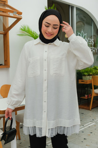 Tül Detay Çift Cepli Gömlek Beyaz