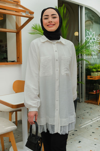 Tül Detay Çift Cepli Gömlek Beyaz