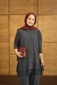 Tül Detay İkili Takım Antrasit