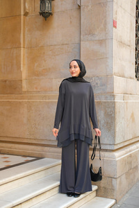 Tül Detay İkili Takım Antrasit