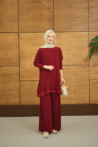 Tül Detay İkili Takım Bordo