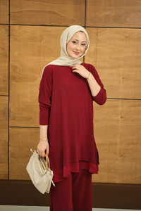 Tül Detay İkili Takım Bordo