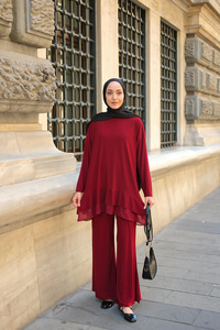 Tül Detay İkili Takım Bordo