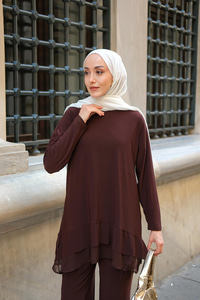 Tül Detay İkili Takım Kahverengi