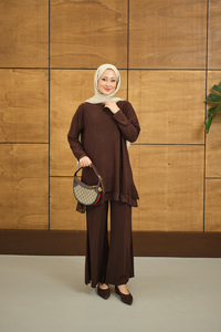 Tül Detay İkili Takım Kahverengi