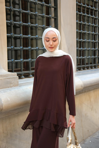 Tül Detay İkili Takım Kahverengi