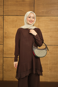 Tül Detay İkili Takım Kahverengi