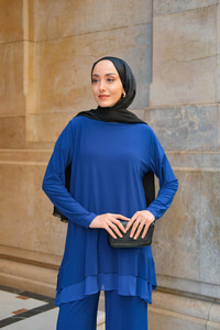 Tül Detay İkili Takım Saks Mavi