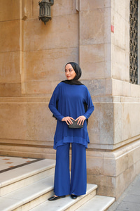 Tül Detay İkili Takım Saks Mavi