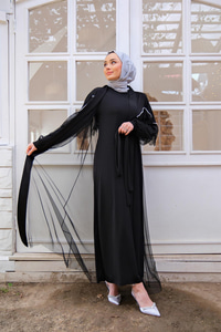 TUL DETAY INCI ISLEMELI ABAYA-SIYAH