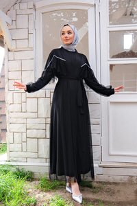 TUL DETAY INCI ISLEMELI ABAYA-SIYAH