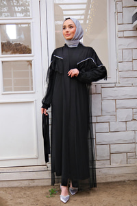 TUL DETAY INCI ISLEMELI ABAYA-SIYAH