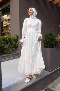 Tül Detay Kemerli Elbise Beyaz