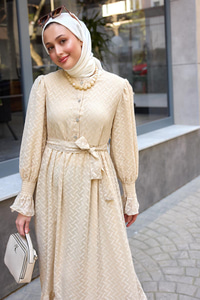Tül Detay Kemerli Elbise Krem