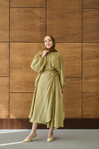 Tül Detay Pelerinli Etekli Takım Fıstık Yeşil