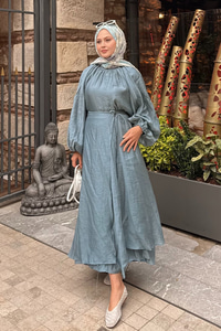 Tül Detay Pelerinli Etekli Takım İndigo Mavi