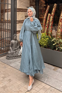 Tül Detay Pelerinli Etekli Takım İndigo Mavi