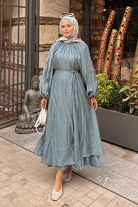 Tül Detay Pelerinli Etekli Takım İndigo Mavi