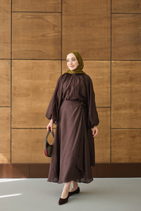 Tül Detay Pelerinli Etekli Takım Kahverengi