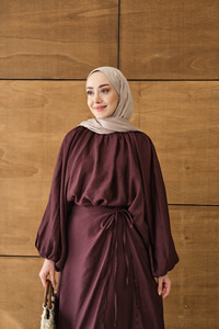 Tül Detay Pelerinli Etekli Takım Mürdüm