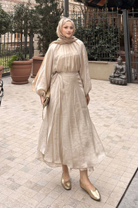 Tül Detay Pelerinli Etekli Takım Sarı