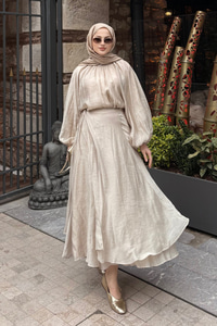 Tül Detay Pelerinli Etekli Takım Sarı