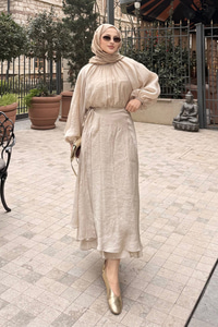 Tül Detay Pelerinli Etekli Takım Sarı