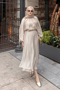 Tül Detay Pelerinli Etekli Takım Sarı