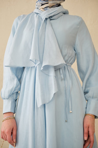 Tül Detay Şal Yaka Bel Bağlamalı Elbise Bebe Mavi