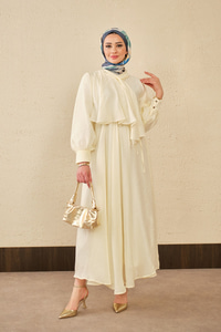 Tül Detay Şal Yaka Bel Bağlamalı Elbise Sarı