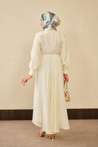 Tül Detay Şal Yaka Bel Bağlamalı Elbise Sarı