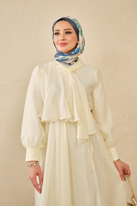 Tül Detay Şal Yaka Bel Bağlamalı Elbise Sarı