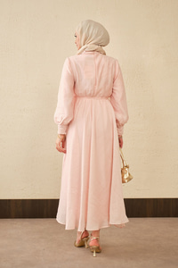 Tül Detay Şal Yaka Bel Bağlamalı Elbise Pembe