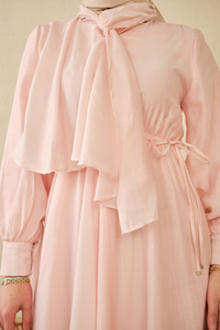 Tül Detay Şal Yaka Bel Bağlamalı Elbise Pembe