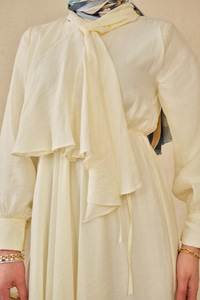 Tül Detay Şal Yaka Bel Bağlamalı Elbise Sarı