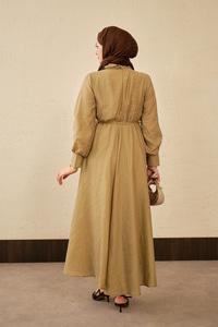 Tül Detay Şal Yaka Bel Bağlamalı Elbise Yağ Yeşil