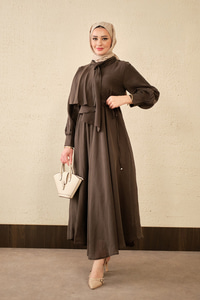Tül Detay Şal Yaka Bel Bağlamalı Elbise Kahverengi