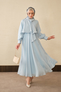 Tül Detay Şal Yaka Bel Bağlamalı Elbise Bebe Mavi