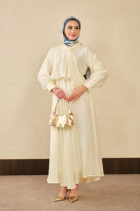 Tül Detay Şal Yaka Bel Bağlamalı Elbise Sarı