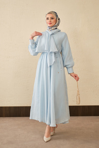 Tül Detay Şal Yaka Bel Bağlamalı Elbise Bebe Mavi