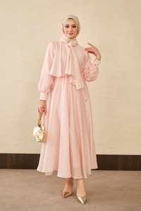 Tül Detay Şal Yaka Bel Bağlamalı Elbise Pembe