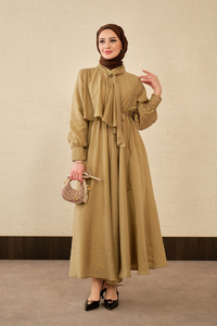 Tül Detay Şal Yaka Bel Bağlamalı Elbise Yağ Yeşil