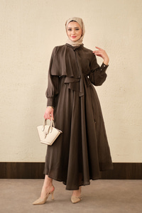 Tül Detay Şal Yaka Bel Bağlamalı Elbise Kahverengi