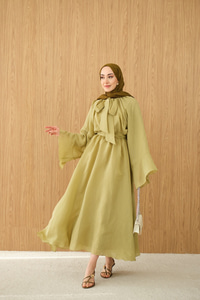 Tül Kumaş Boyun Bağlamalı Detaylı Bel Bağlamalı Elbise Yağ Yeşil