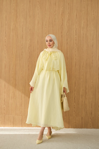 Tül Kumaş Boyun Bağlamalı Detaylı Bel Bağlamalı Elbise Sarı