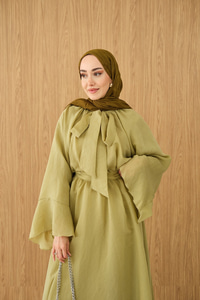 Tül Kumaş Boyun Bağlamalı Detaylı Bel Bağlamalı Elbise Yağ Yeşil