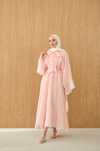 Tül Kumaş Boyun Bağlamalı Detaylı Bel Bağlamalı Elbise Pembe