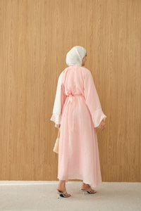 Tül Kumaş Boyun Bağlamalı Detaylı Bel Bağlamalı Elbise Pembe