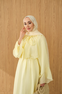 Tül Kumaş Boyun Bağlamalı Detaylı Bel Bağlamalı Elbise Sarı